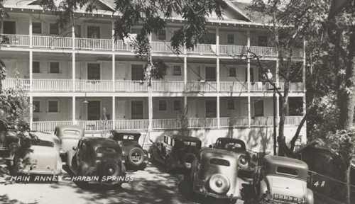 Harbin Hot Springs Main Annex, circa 1938. The Main Annex replaced the old Capitol hotel and was new when this picture was taken around 1938. The postcard, sent June 5, 1956 to “The Andersons” of Minneapolis Minnesota, reads, “Dear Folks, We are at Harbin Hot Springs about 100 miles north from Oakland. We have been taking hot sulfur water baths which are just grand! We are having a nice time - eat, sleep & baths. It is very quiet here which we enjoy. Lill & Carl.” harbinhotelvintage