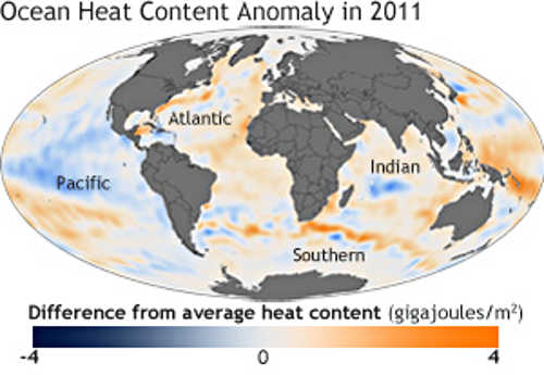 La Niña chilled the eastern tropical Pacific in 2011, but ocean heat content nearly everywhere else was above the long-term average. Maps and trend graphs of eight additional are available from www.climate.gov . More information. Credit: NOAA Climate Portal. laninaheatcontent