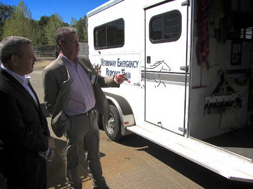 Dr. John Madigan and Cal EMA Secretary Mark Ghilarducci tour a specially designed trailer with equipment for veterinary emergencies in the field at the UC Davis Veterinary Medical Teaching Hospital on Tuesday, April 9, 2013. Photo courtesy of UC Davis. 040913calemaatucdavis