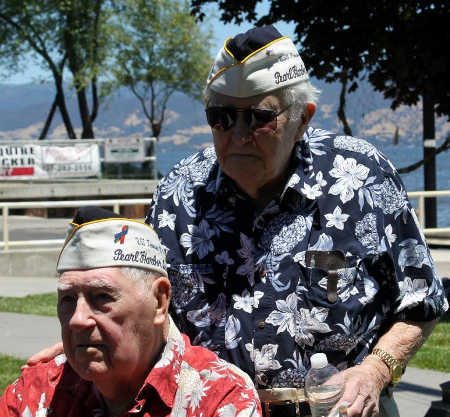 Henry “Andy” Anderson (seated) and Bill Slater, both of Lakeport, Calif., at a luncheon on Wednesday, June 27, 2012, during which the Pearl Harbor Survivors Association gave Lakeport Rotary $10,000 to preserve the memorial mast in Library Park. Photo by Ginny Craven. andersonslater0614