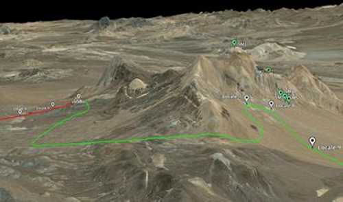 The rover will stop along the way to test the soil at salt flats, volcanic slopes and alluvial fans of material eroded off of mountains. At times it will drill a meter deep in order to examine subsurface soils. Credit: Google Earth. zoeroverearth