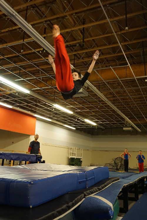 Catch Devore, 13, of Lakeport, Calif., practices his tumbling at his family's gym, Skycatch Gymnastics, on Wednesday, March 9, 2016, ahead of the NorCal Level 4-5 State Championships in San Luis Obispo, Calif., where he will compete on Saturday, March 12, 2016. Video by Elizabeth Larson/Lake County News. 030916catchdevorevault