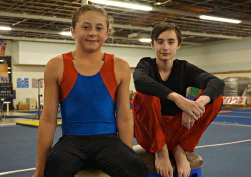 From left, Tanner Broyles and Catch Devore are the first male gymnasts from Lake or Mendocino County to advance to the NorCal Region 1 State Championships, where they will compete on Saturday, March 12, 2016. Here they are shown after an evening practice sessions on Wednesday, March 9, 2016. Photo by Elizabeth Larson/Lake County News. 030916tannercatchportrait