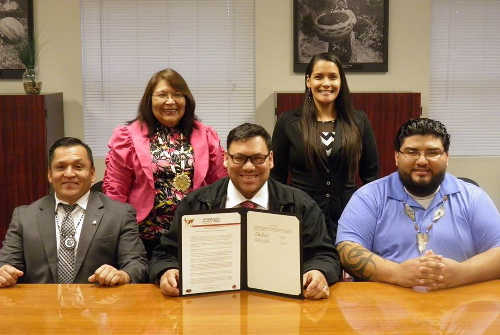 On Wednesday, February 1, 2017, the Robinson Rancheria Citizens Business Council voted to reinstate more than 60 tribal members who had been struck from the membership roll after a disputed 2008 election. Front row, from left, Member-at-large Jaime Boggs, Chairman EJ Crandell and Member-at-large Nathan Solorio; back row, Secretary-Treasurer Colleen Pete and Member-at-large Charlene Duncan. Not pictured is Vice Chair Jaime Campanero. Photo courtesy of EJ Crandell. 020117robinsontribalcouncil