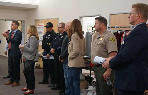 At left, State Sen. Mike McGuire and several Lake County, Calif., officials update evacuees on available assistance at a meeting at the Lakeport Seventh-day Adventist Church in Wednesday, March 8, 2017, in Lakeport, Calif. Photo by Elizabeth Larson/Lake County News. 030817mcguiresheltermeeting