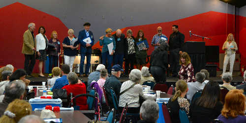 Inspirational Senior Award recipients at the inaugural Senior Summit on Saturday, April 1, 2017, in Nice, Calif., included Sandi Baroni, Ron Keas, Shari Koch, Shirley Kelsey, Gene Paleno, Janis Stockton, Mary Veeninga and Jim Westrich, pictured with Supervisor Jim Steele, Assemblywoman Aguiar-Curry and Tribal Chair E.J. Crandell. Photo courtesy of Ron Keas. 040117seniorsummithonorees