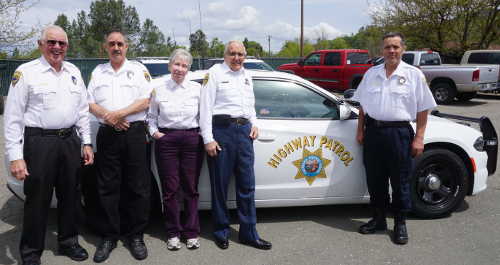 From left, senior volunteers with the Clear Lake Area office of the California Highway Patrol in Kelseyville, Calif., at a special luncheon on Wednesday, April 19, 2017, include, from left to right, John Wiskirchen, Claude Meade, Jessean Boone, Ed McDonald and Dennis Van Meter. Not pictured are Larry Caravario, Mike Humble and Al Reynolds. Photo by Elizabeth Larson/Lake County News. 041917chpseniorvolunteers1
