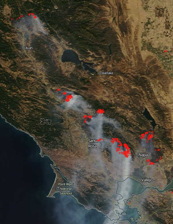 Smoke from Northern California wildland fires shown on Thursday, October 12, 2017. Image courtesy of NASA. Air quality alert issued for continuing poor conditions