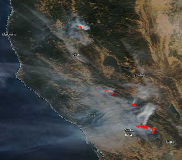 Smoke from wildland fires in Northern California on Sunday, October 15, 2017. Image courtesy of NASA. Lake County’s air quality moves into good to moderate range