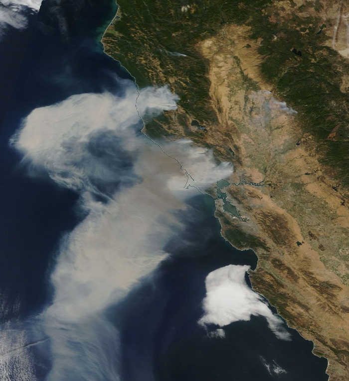 Smoke from major wildland fires on the North Coast of Northern California led to degraded and unhealthy air conditions on Monday, October 9, 2017. Photo courtesy of the National Aeronautics and Space Administration. Region’s fires result in unhealthy air quality for Lake County