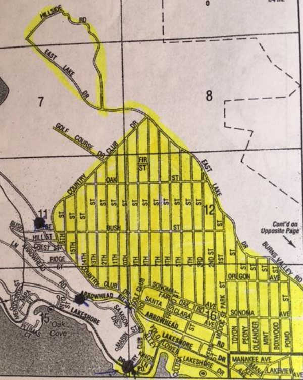 The map above shows the areas that have been opened (in yellow) and the closure points (black dots) in the Sulphur fire area in Clearlake, Calif. Map courtesy of the city of Clearlake. Mandatory evacuation lifted for parts of the city of Clearlake