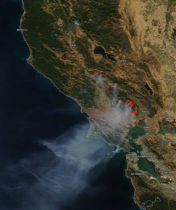 The smoke from wildland fires in Northern California on Saturday, October 14, 2017. Image courtesy of NASA. Winds help dissipate smoke in Lake County’s air basin