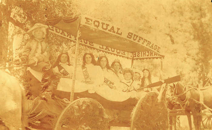 Mrs. A.B. Olson created this suffrage float featuring George Washington driving four white horses for the 1900 July 4 parade in Lake County, Calif. From the Lake County Museum collection. ‘Know Lake County’ to discuss history of county’s suffragists Sept. 16