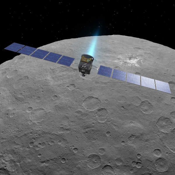 This artist concept shows NASA's Dawn spacecraft above dwarf planet Ceres, as seen in images from the mission. Credits: NASA/JPL-Caltech/UCLA/MPS/DLR/IDA. Space News: Dawn mission extended at Ceres