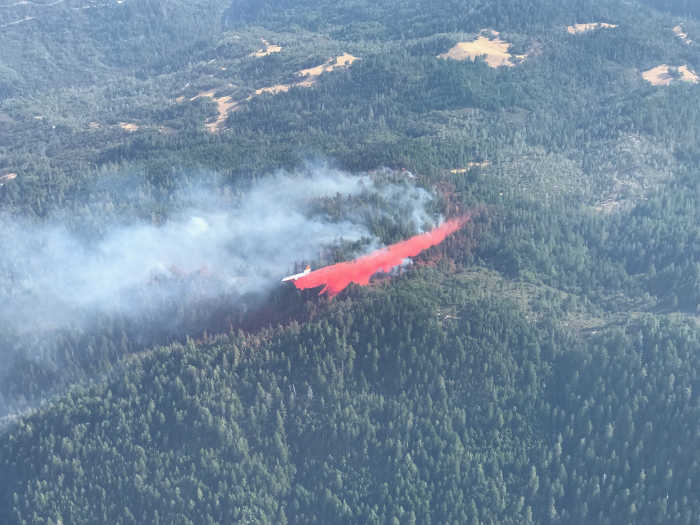 A very large air tanker, or VLAT, working this week on the Slides fire in the Mendocino National Forest’s Upper Lake Ranger District in Northern California. Photo courtesy of the Mendocino National Forest. Firefighters increase containment on Mendocino National Forest fires