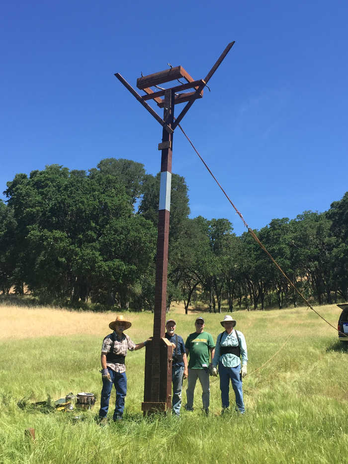 Pictured after raising the new osprey pole at the Rodman Preserve in Lake County, Calif., in May 2017 are, at left, Larry Martinelli; Tom McFarling; Kerry Shaver; and Brad Barnwell. Not pictured: Vivian McFarling and Beth Shaver. Photo by Beth Shaver. New osprey pole erected at Land Trust’s Rodman Preserve
